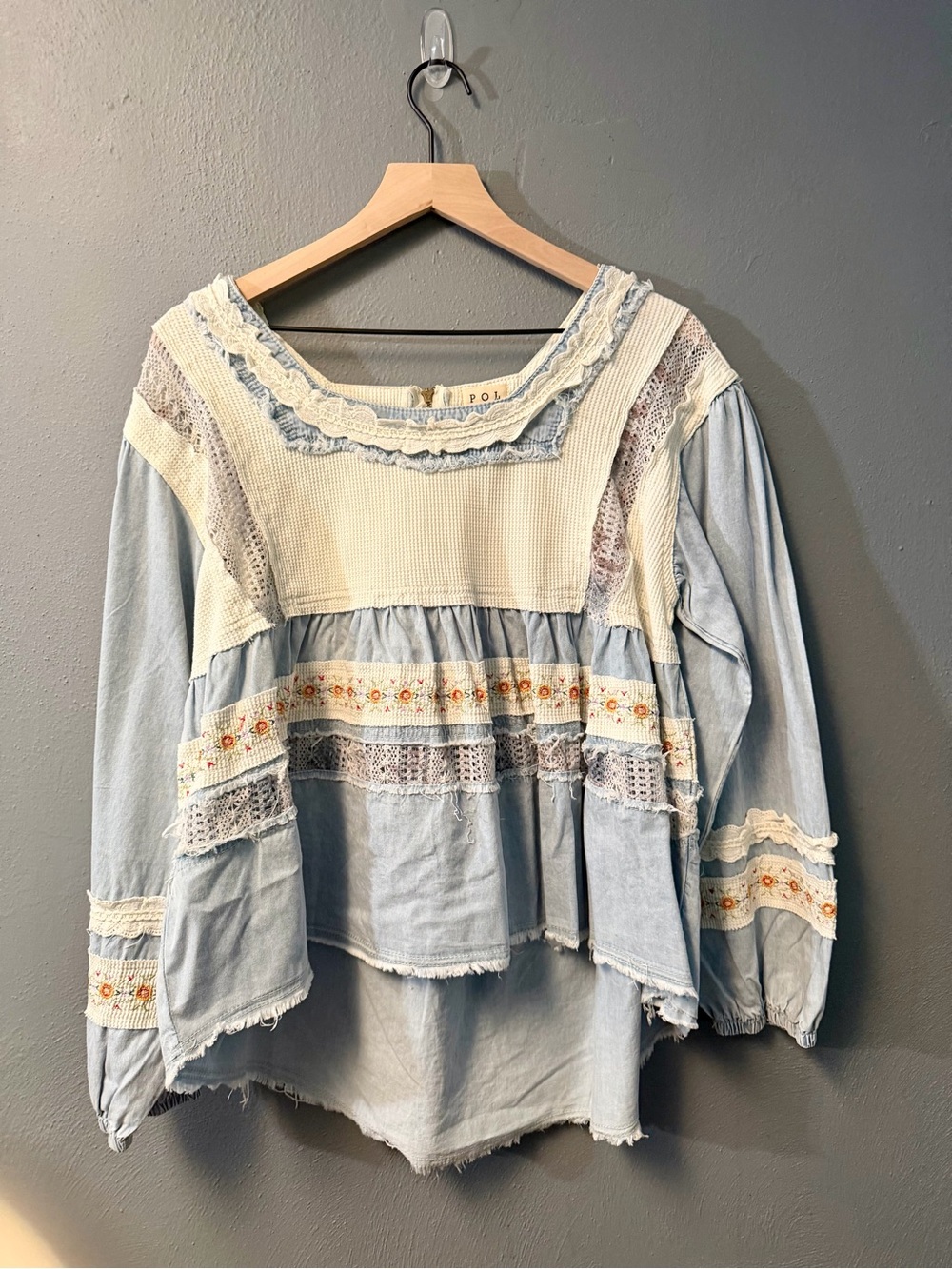 POL Light Blue Peasant Blouse with Cream Lace Trim